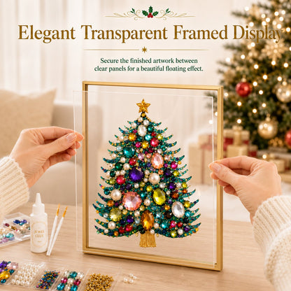 🔥 LAST DAY 49% OFF – 🎄 DIY Jeweled Christmas Tree Art Kit | Colorful Gems, Pearls, Paints & Gold-Tone Floating Display Frame 💎✨