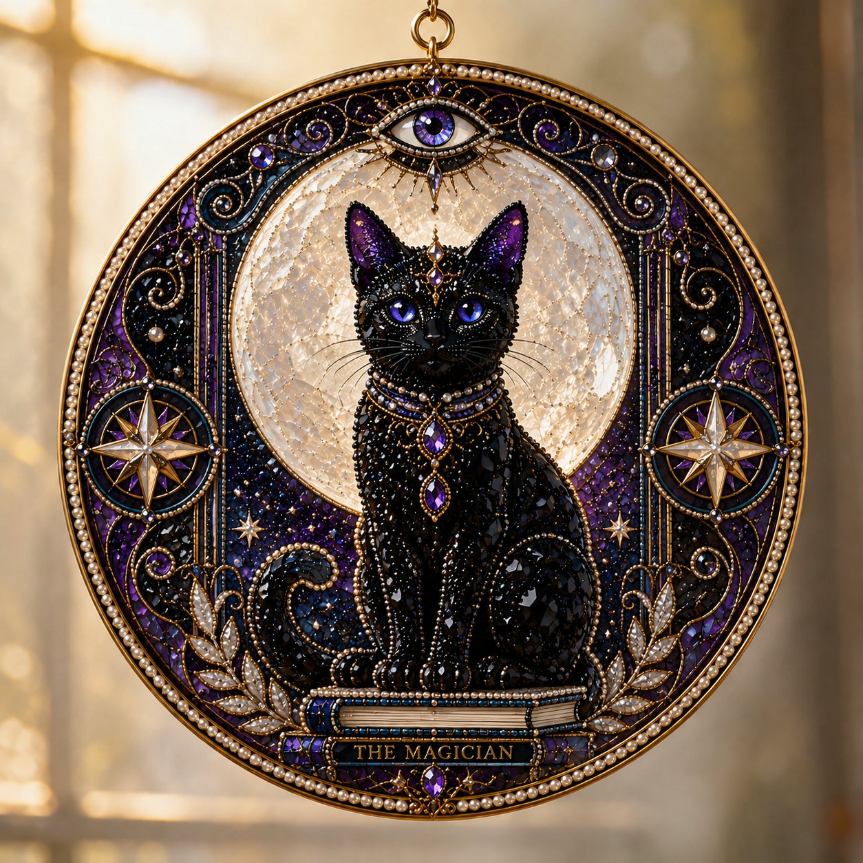 Premium 3D Pearl Celestial Black Cat Window Hanging Kit | DIY Handmade Moonlight Suncatcher Decor