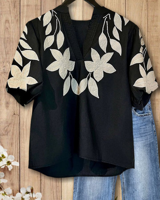 Women's V Neck Puff Sleeve Floral Embroidery  T-Shirt (Buy 2 Free Shipping)