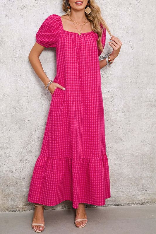 Women's Square Neck Puff Sleeve Plaid Maxi Dress (Buy 2 Free Shipping)