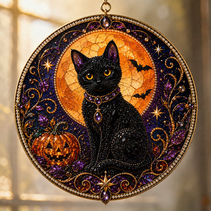 Premium 3D Pearl Celestial Black Cat Window Hanging Kit | DIY Handmade Moonlight Suncatcher Decor