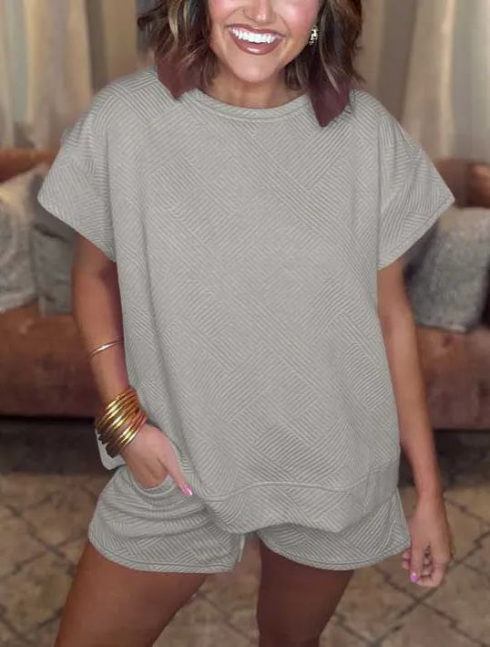 Women's Solid Textured Drawstring Shorts Set (Buy 2 Free Shipping)