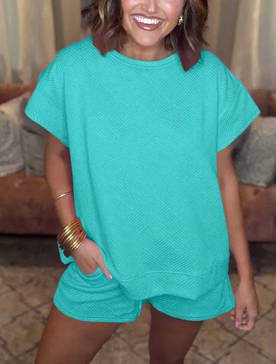 Women's Solid Textured Drawstring Shorts Set (Buy 2 Free Shipping)