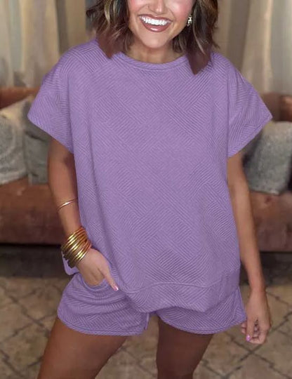 Women's Solid Textured Drawstring Shorts Set (Buy 2 Free Shipping)