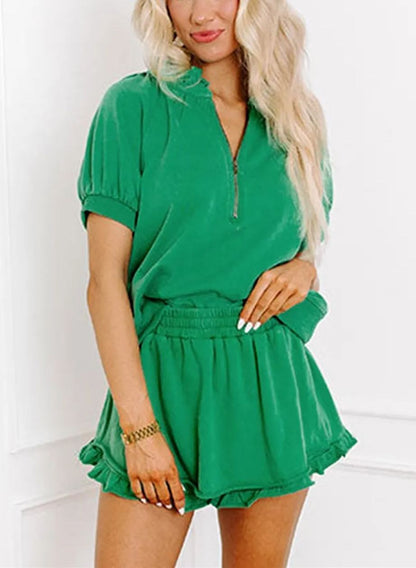 Women's Casual Half-zip Top and Ruffle Shorts Set (Buy 2 Free Shipping)
