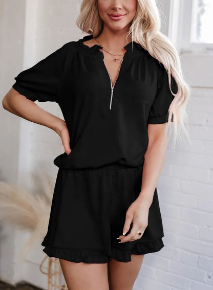 Women's Casual Half-zip Top and Ruffle Shorts Set (Buy 2 Free Shipping)