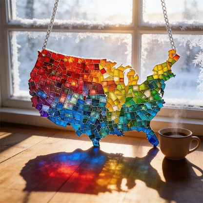 🌈Mosaic-Style USA Map & Flag Suncatcher - Hang the Rainbow of America in Your Window