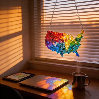 🌈Mosaic-Style USA Map & Flag Suncatcher - Hang the Rainbow of America in Your Window