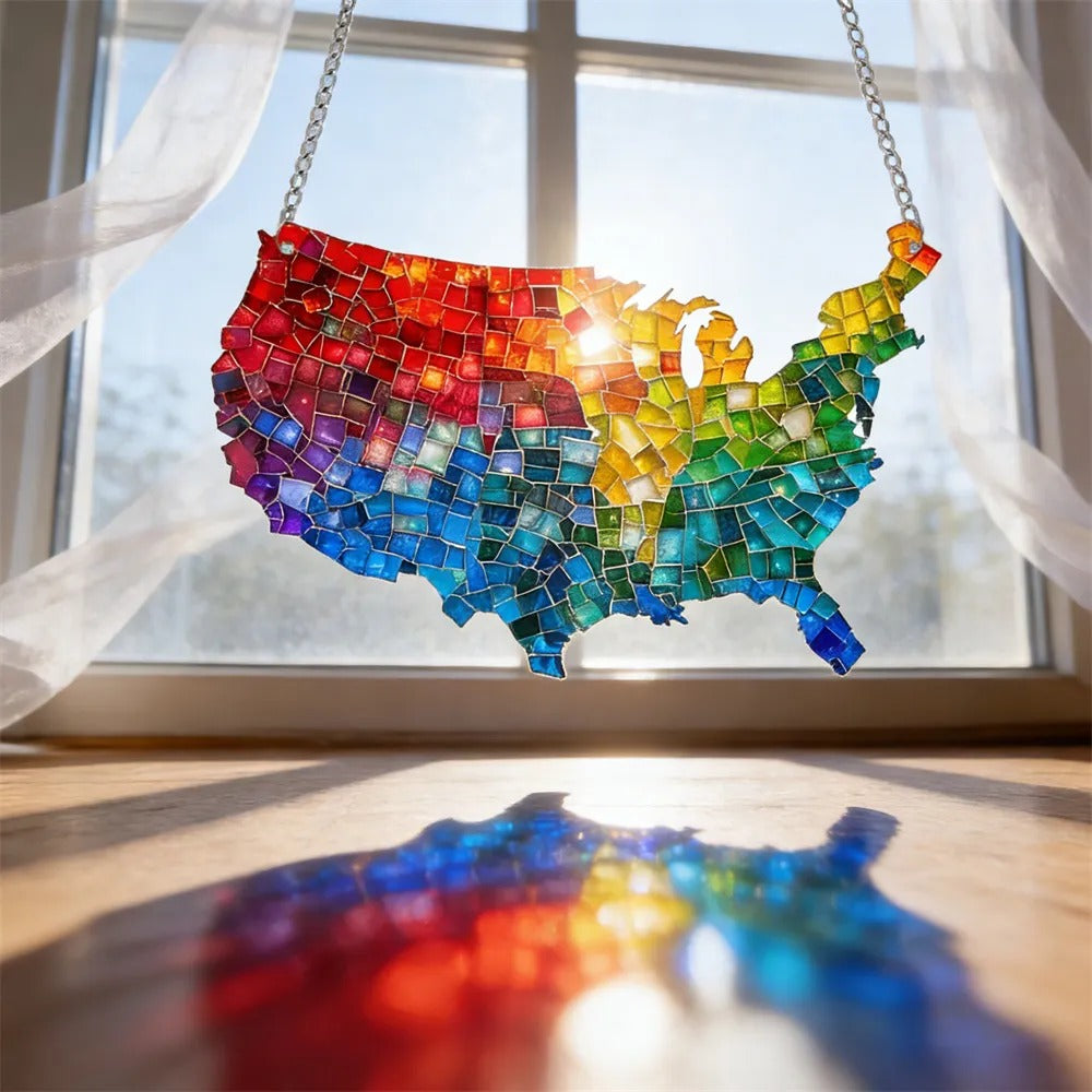 🌈Mosaic-Style USA Map & Flag Suncatcher - Hang the Rainbow of America in Your Window