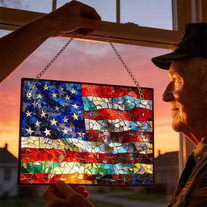 🌈Mosaic-Style USA Map & Flag Suncatcher - Hang the Rainbow of America in Your Window