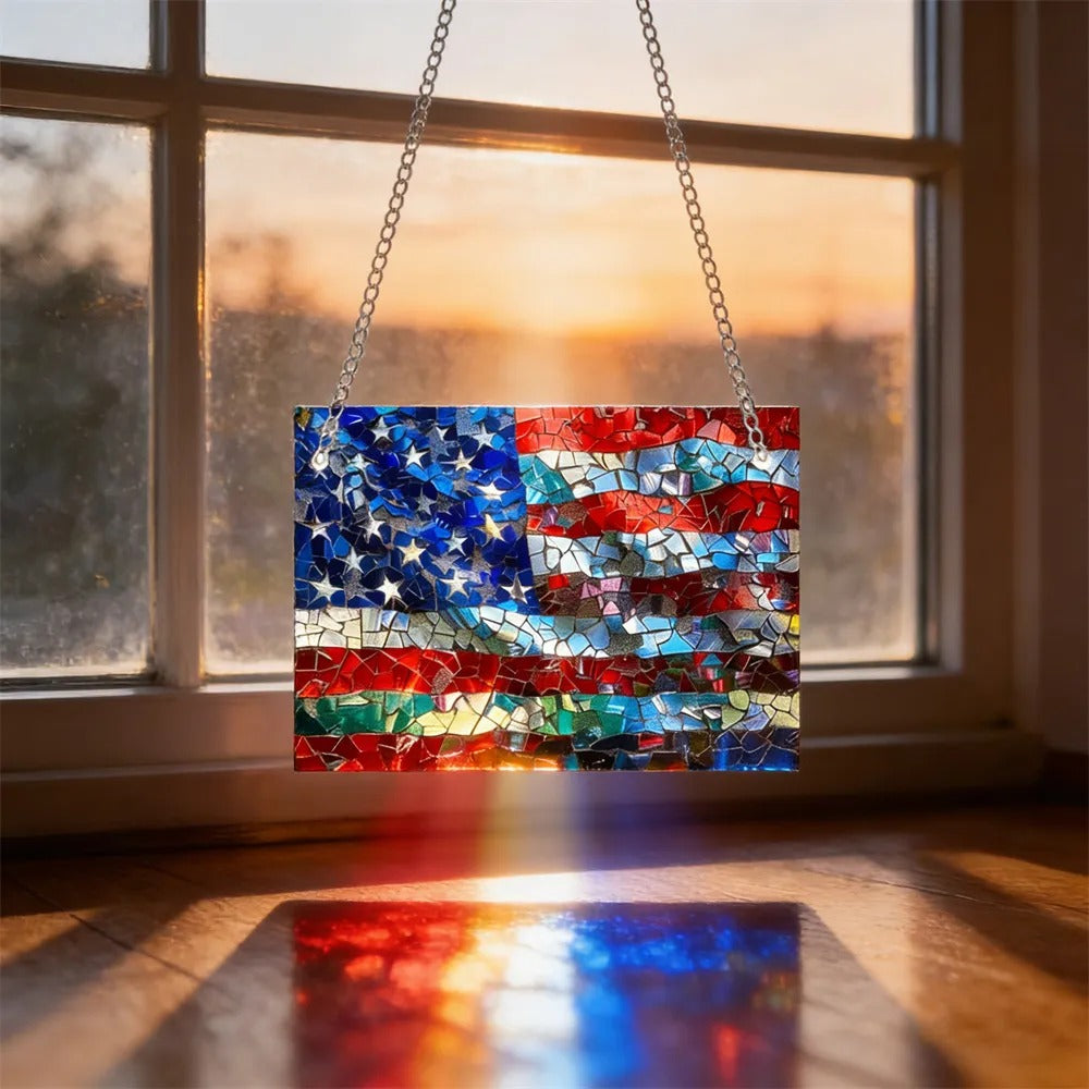 🌈Mosaic-Style USA Map & Flag Suncatcher - Hang the Rainbow of America in Your Window