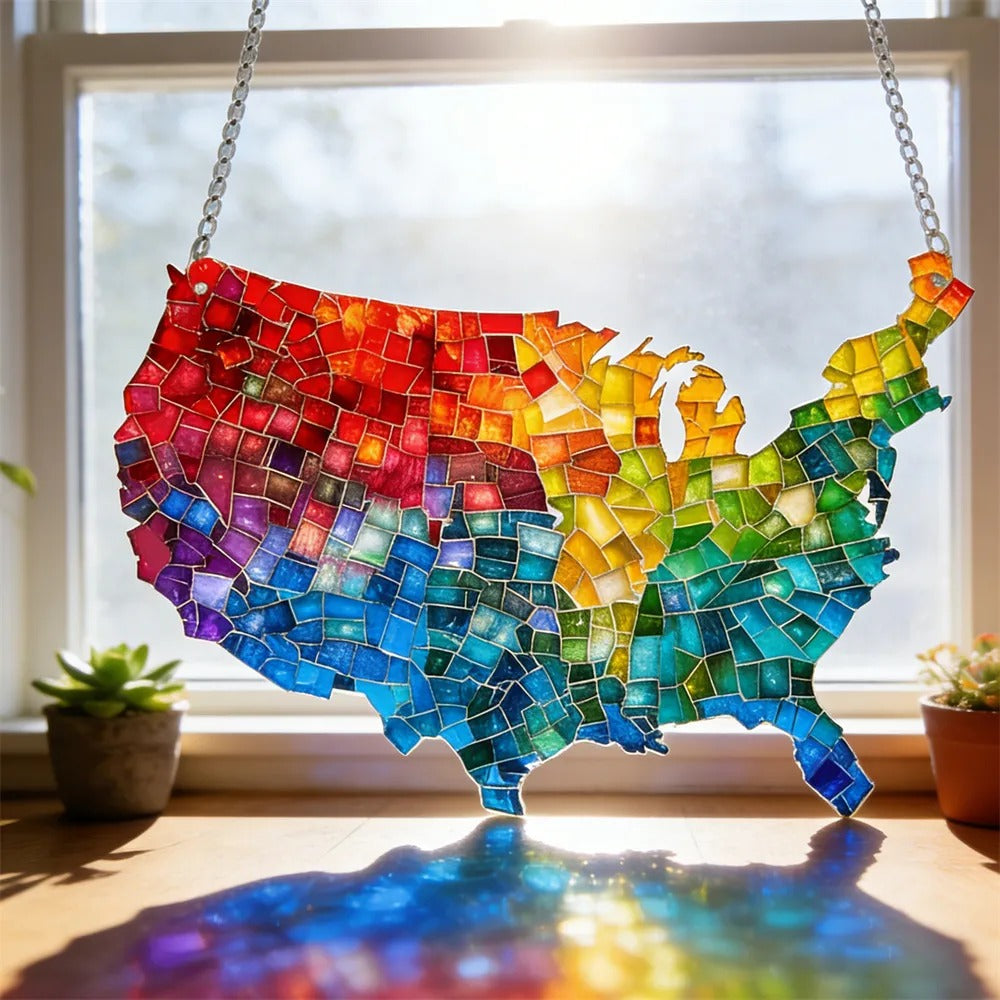 🌈Mosaic-Style USA Map & Flag Suncatcher - Hang the Rainbow of America in Your Window