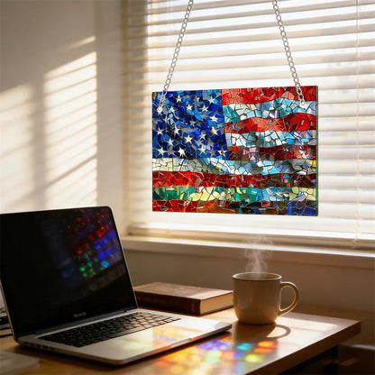 🌈Mosaic-Style USA Map & Flag Suncatcher - Hang the Rainbow of America in Your Window