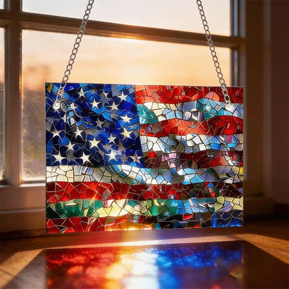 🌈Mosaic-Style USA Map & Flag Suncatcher - Hang the Rainbow of America in Your Window
