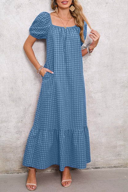 Women's Square Neck Puff Sleeve Plaid Maxi Dress (Buy 2 Free Shipping)