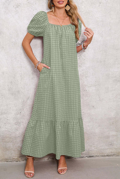 Women's Square Neck Puff Sleeve Plaid Maxi Dress (Buy 2 Free Shipping)