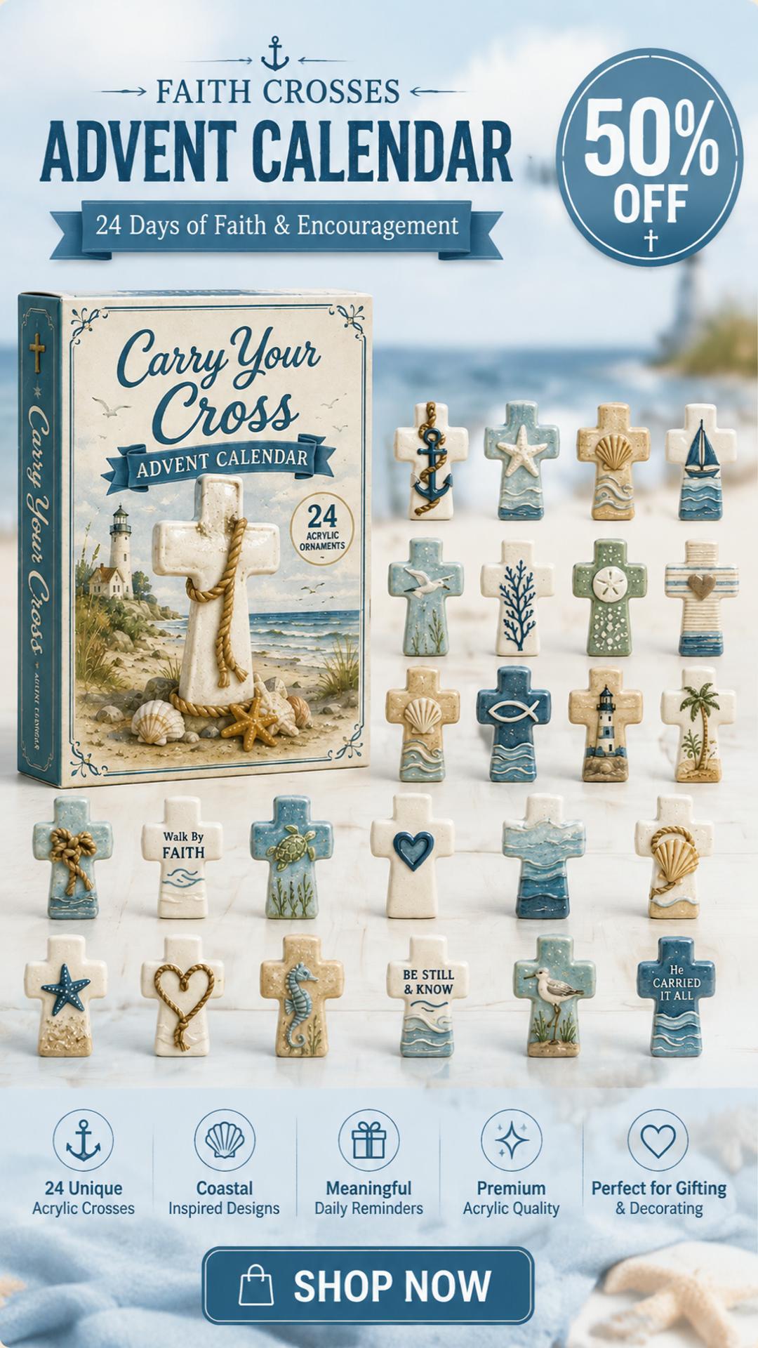 Complete collection of 24 coastal faith cross ornaments
