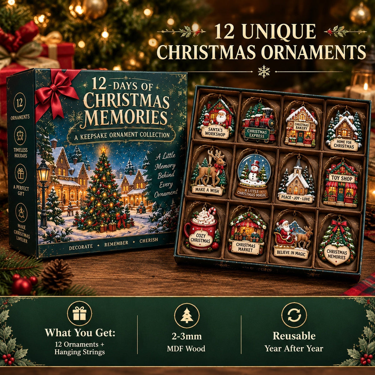12 Days of Christmas Memories Keepsake Ornament Set – 12 Unique Wooden Christmas Tree Ornaments in Gift Box