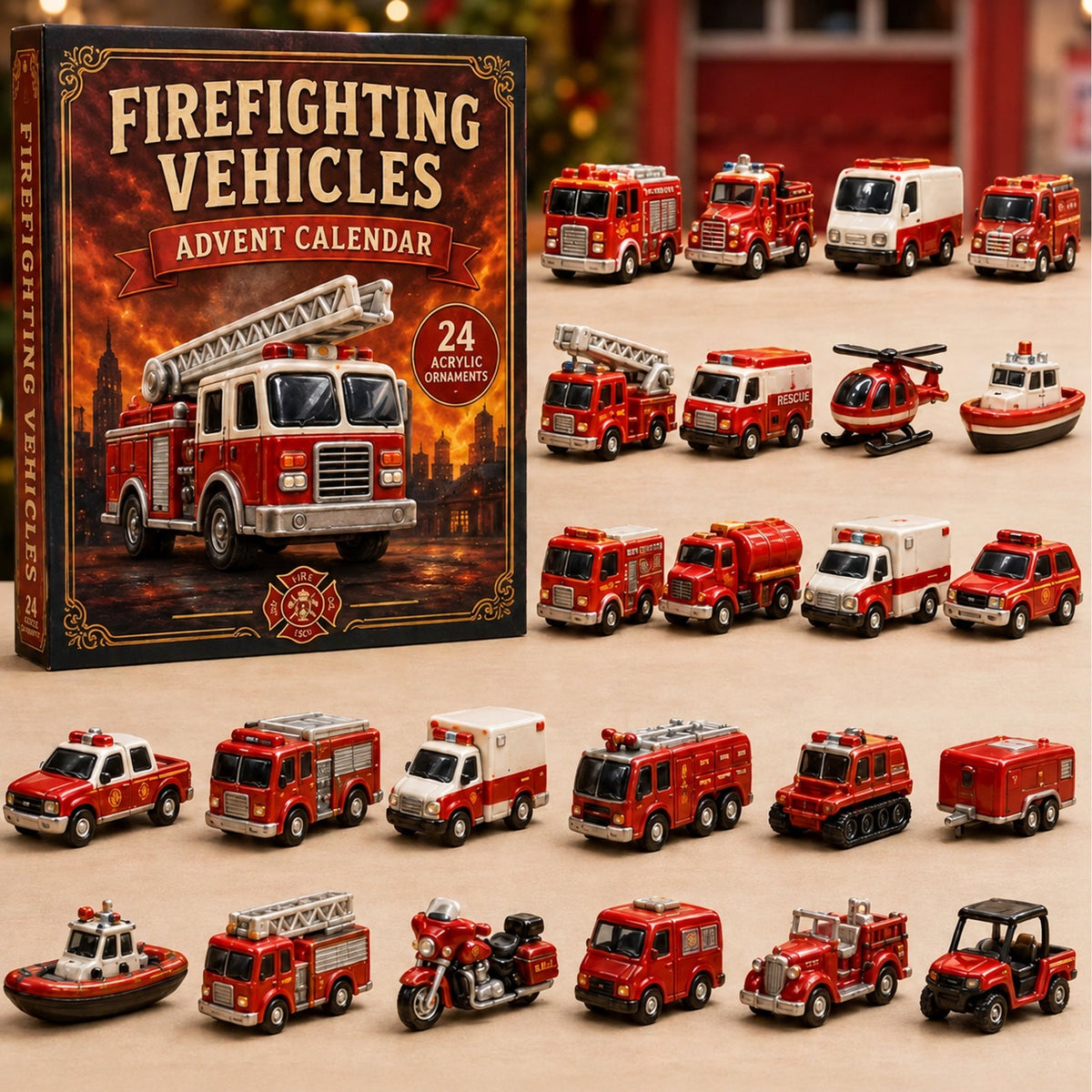 Firefighting Vehicles Advent Calendar 2026 - 24-Day Festive Countdown, Acrylic Charms Blind Box