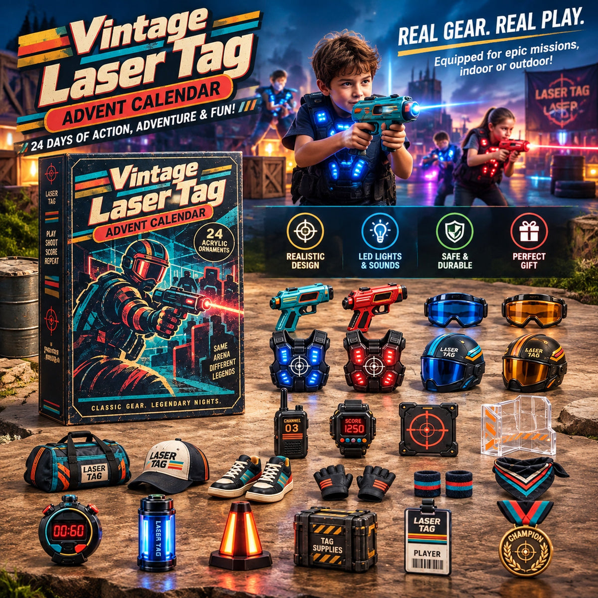 Vintage Laser Tag Advent Calendar 2026 - 24-Day Festive Countdown, Acrylic Charms Blind Box