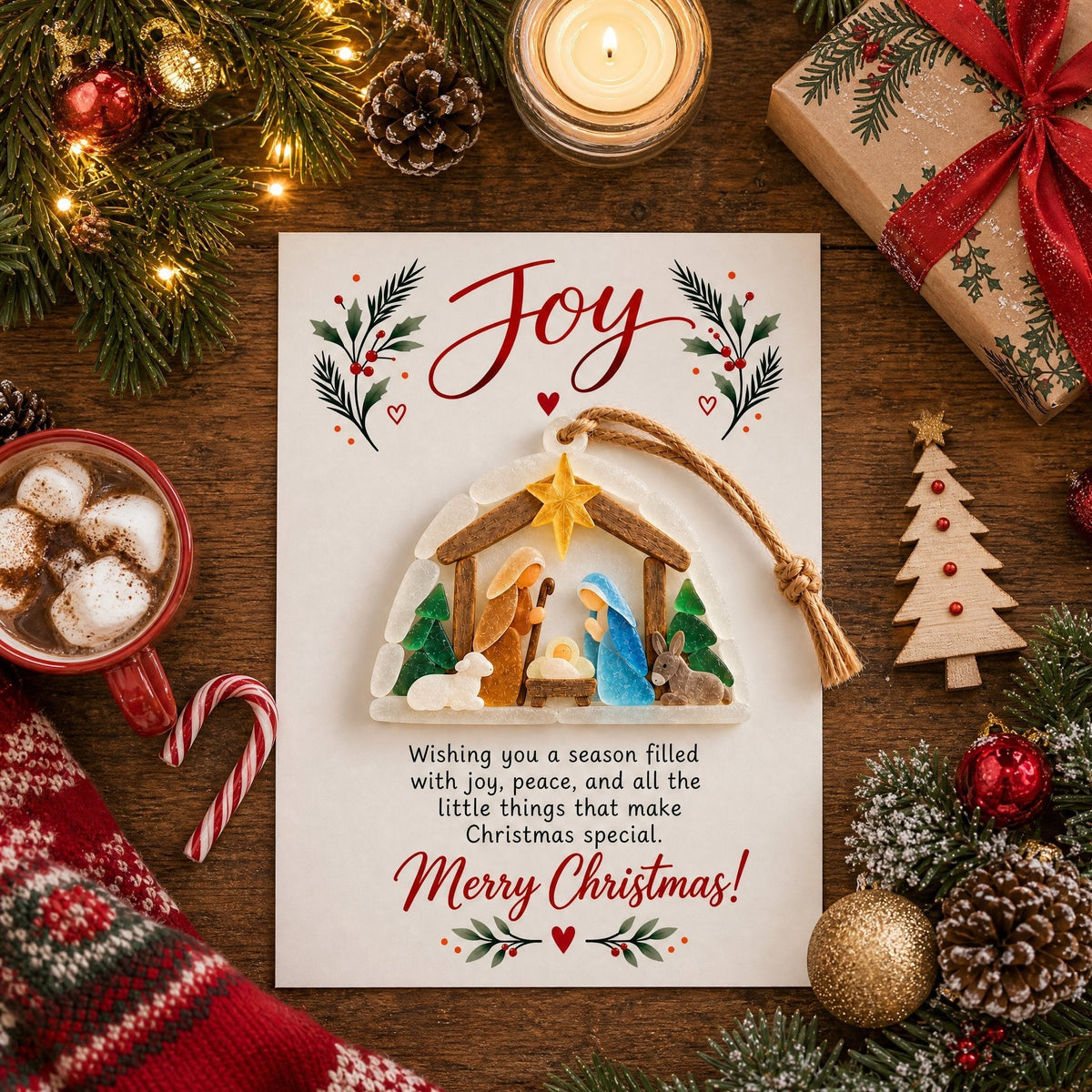Joy Nativity Sea Glass Christmas Ornament with Greeting Card