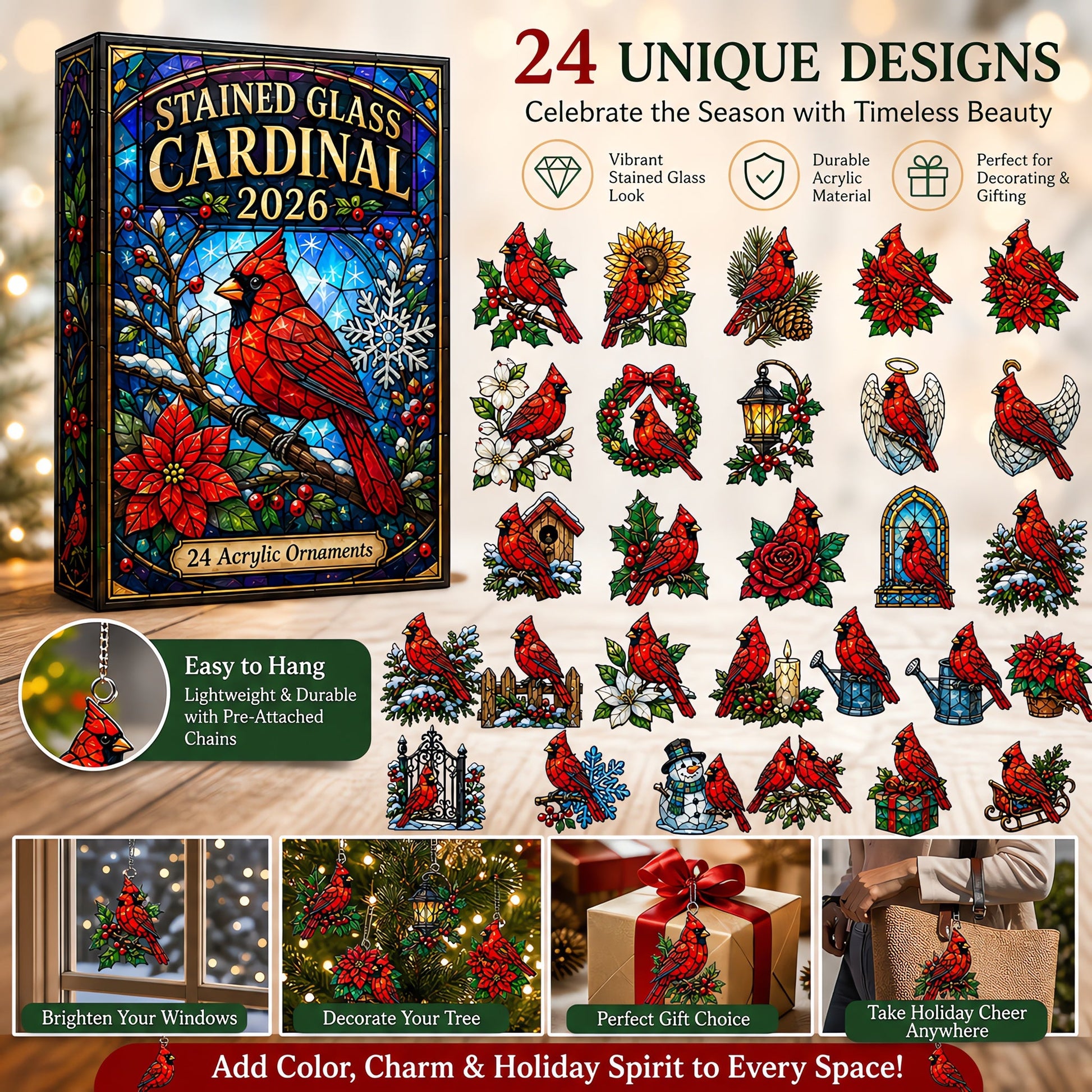 Stained Glass Cardinal Advent Calendar 2026 - 24-Day Festive Countdown, Acrylic Charms Blind Box