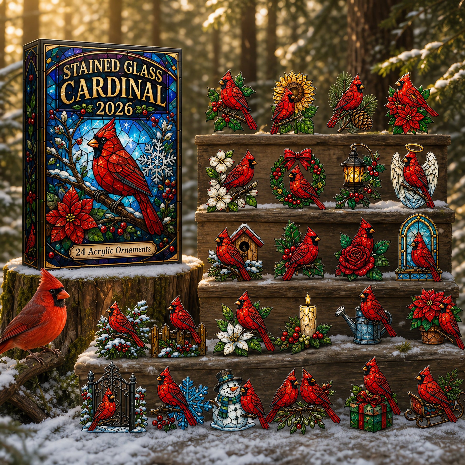 Stained Glass Cardinal Advent Calendar 2026 - 24-Day Festive Countdown, Acrylic Charms Blind Box
