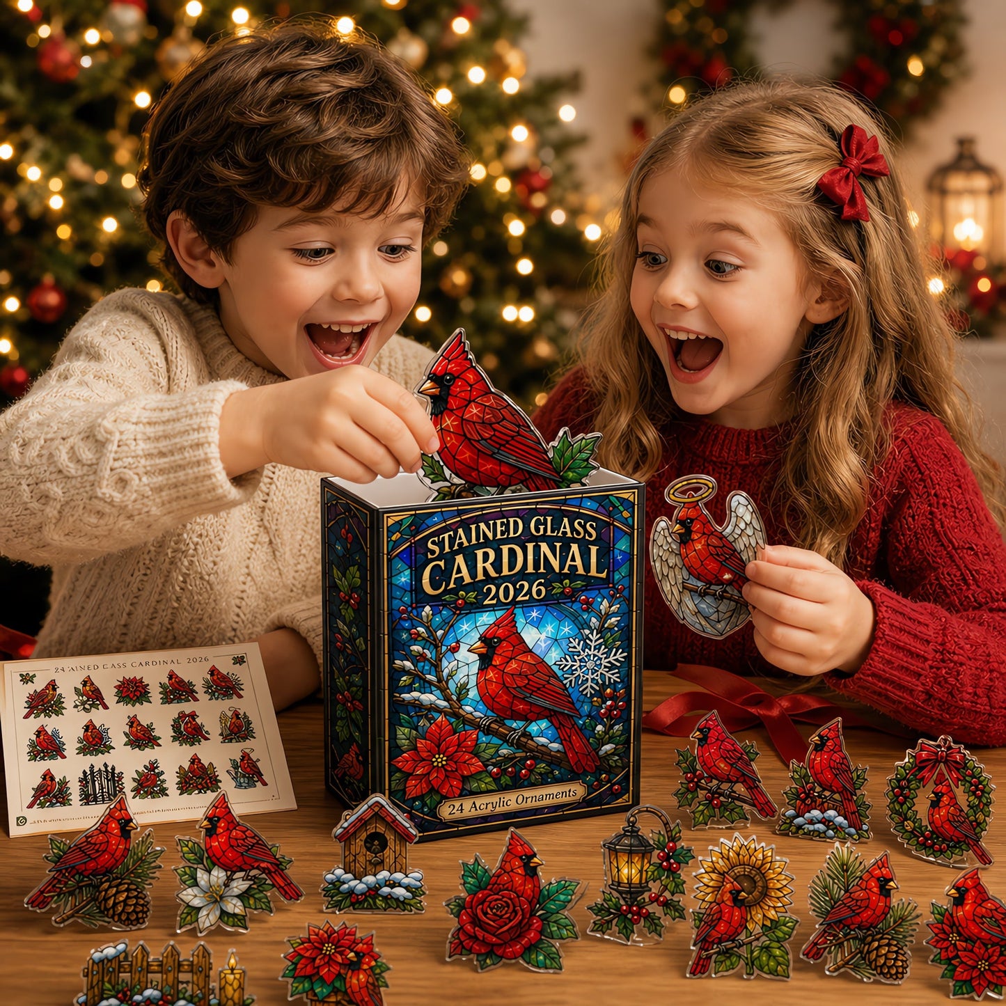 Stained Glass Cardinal Advent Calendar 2026 - 24-Day Festive Countdown, Acrylic Charms Blind Box