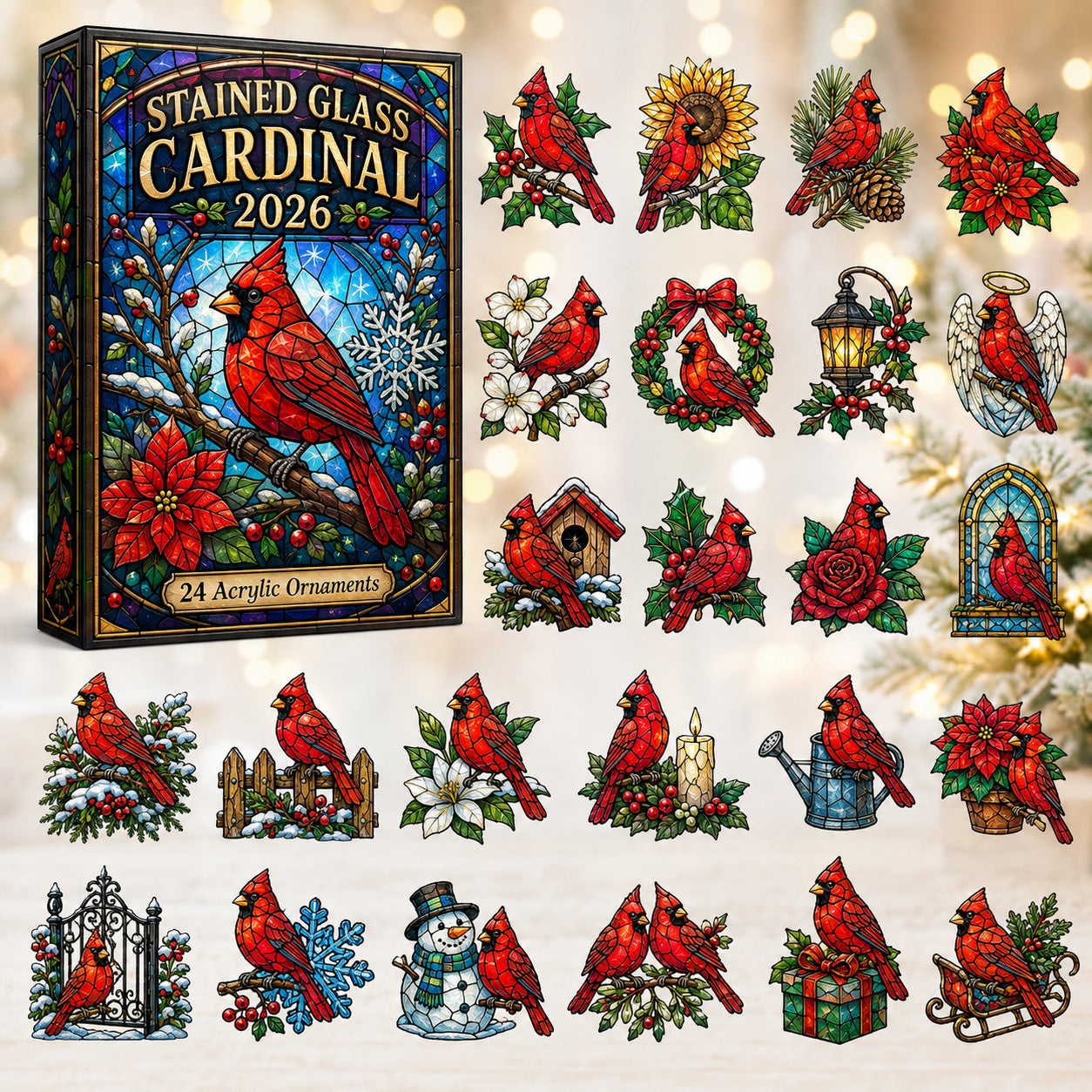Stained Glass Cardinal Advent Calendar 2026 - 24-Day Festive Countdown, Acrylic Charms Blind Box