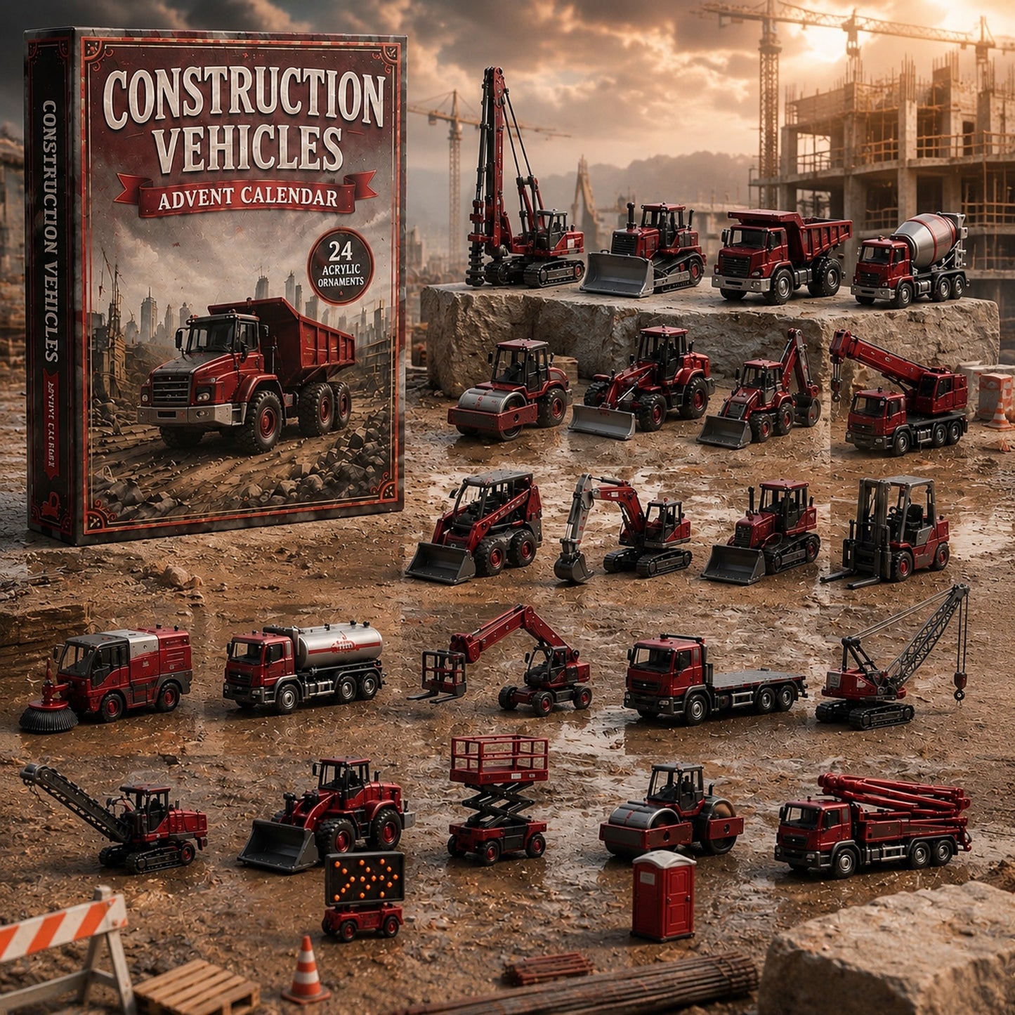 Construction Vehicles Fleet Advent Calendar 2026 - 24-Day Festive Countdown, Acrylic Charms Blind Box