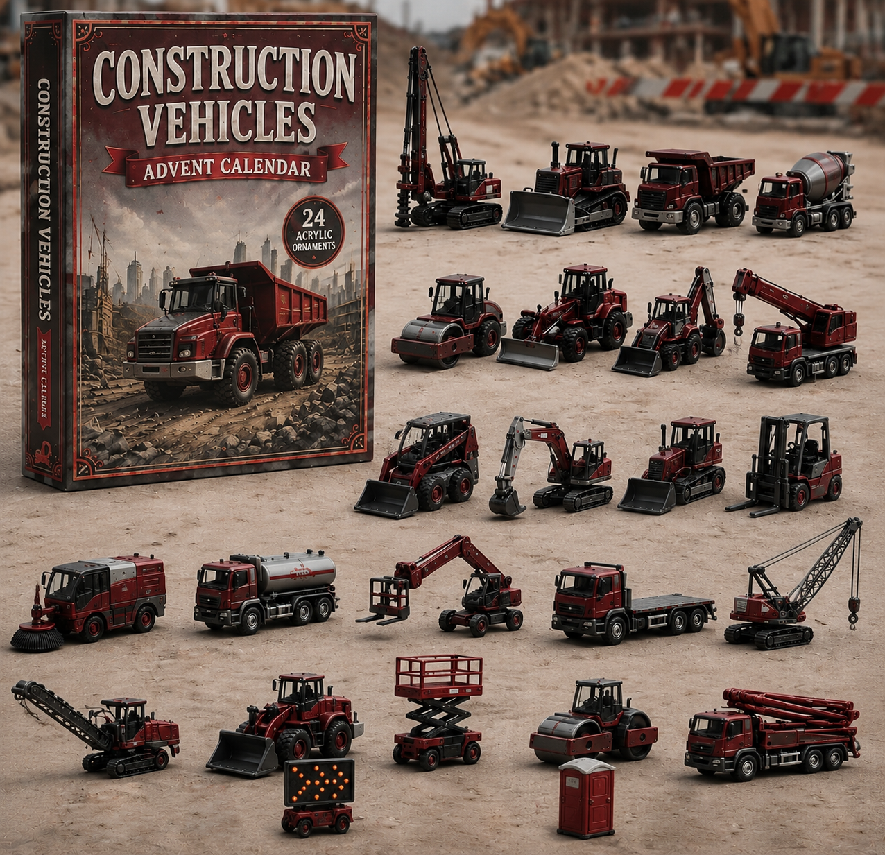Construction Vehicles Fleet Advent Calendar 2026 - 24-Day Festive Countdown, Acrylic Charms Blind Box