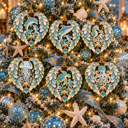 2026 Ocean Wonders Christmas Ornaments – 6-Piece Coastal Sea Life Heart Ornament Collection | Unique Christmas Tree Decorations & Gifts for Ocean Lovers