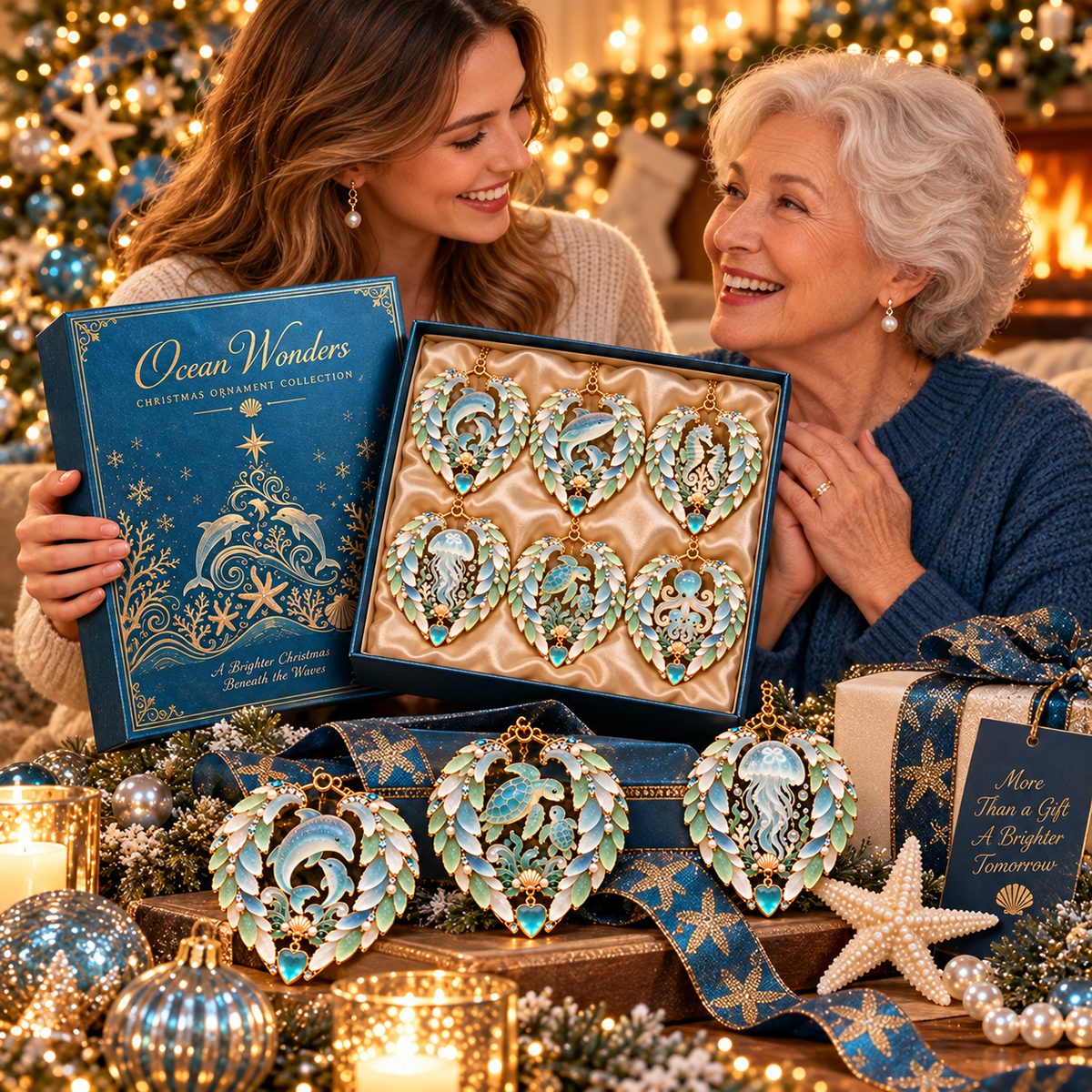 2026 Ocean Wonders Christmas Ornaments – 6-Piece Coastal Sea Life Heart Ornament Collection | Unique Christmas Tree Decorations & Gifts for Ocean Lovers