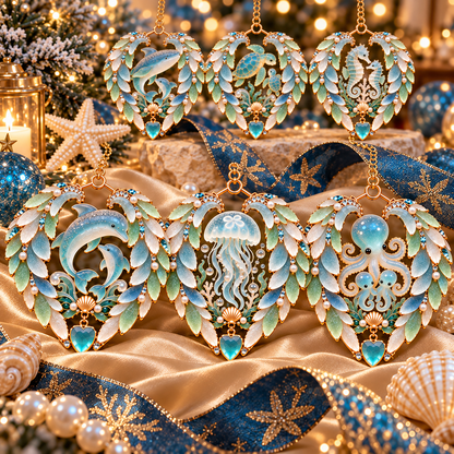 2026 Ocean Wonders Christmas Ornaments – 6-Piece Coastal Sea Life Heart Ornament Collection | Unique Christmas Tree Decorations & Gifts for Ocean Lovers