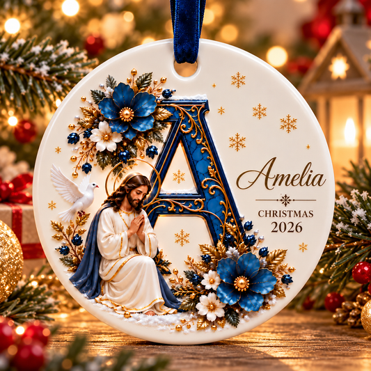 ✝️ Personalized Christian Initial Christmas Ornament – Custom Name Ceramic Keepsake 💙