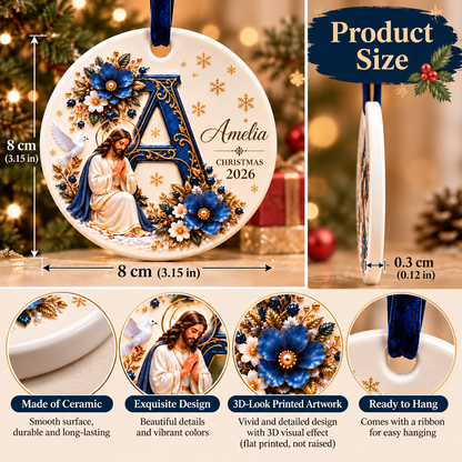 ✝️ Personalized Christian Initial Christmas Ornament – Custom Name Ceramic Keepsake 💙