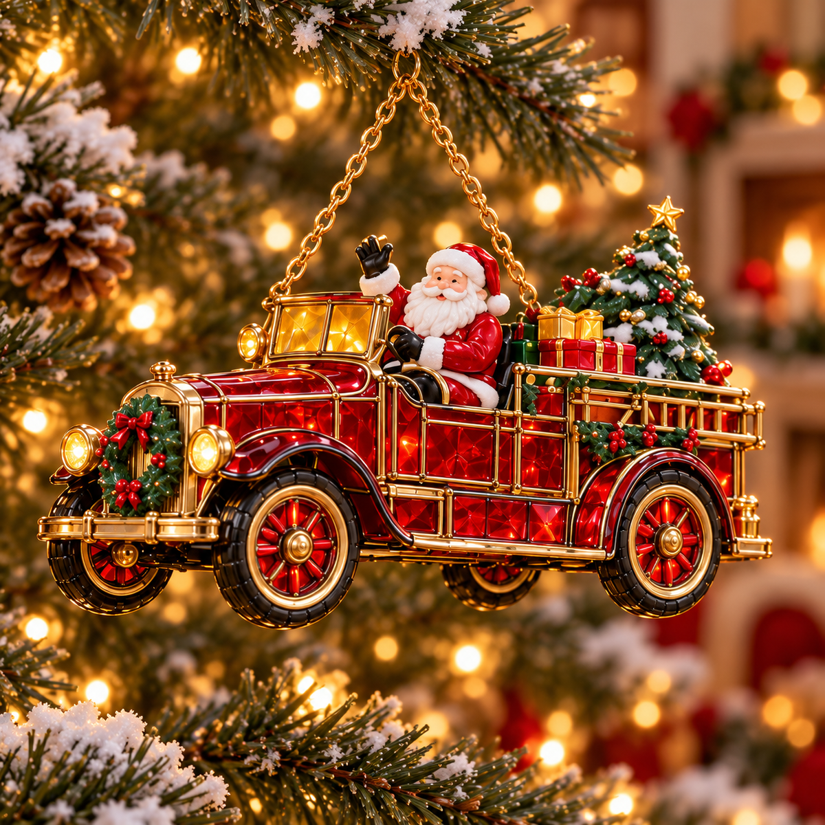 2026 Vintage Fire Truck Christmas Ornaments – Set of 6 | Stained-Glass Style with Festive Holiday Scenes & Golden Accents