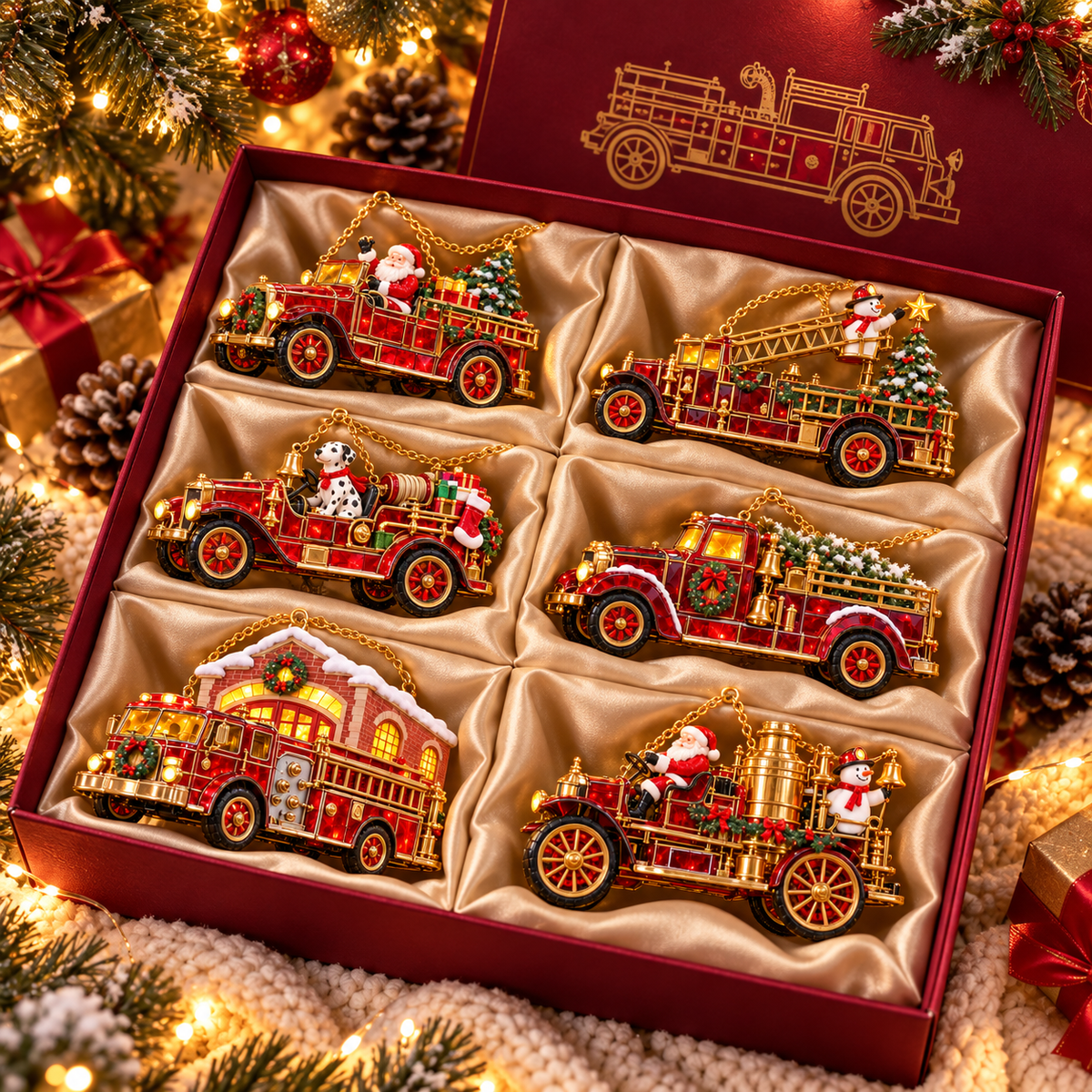 2026 Vintage Fire Truck Christmas Ornaments – Set of 6 | Stained-Glass Style with Festive Holiday Scenes & Golden Accents