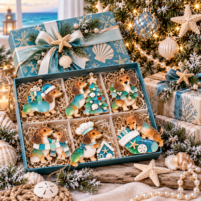 Coastal Christmas Dachshund Ornament Set – 6-Piece Stained Glass-Inspired Sea Glass Dog Christmas Tree Decorations, Gift for Dachshund Lovers