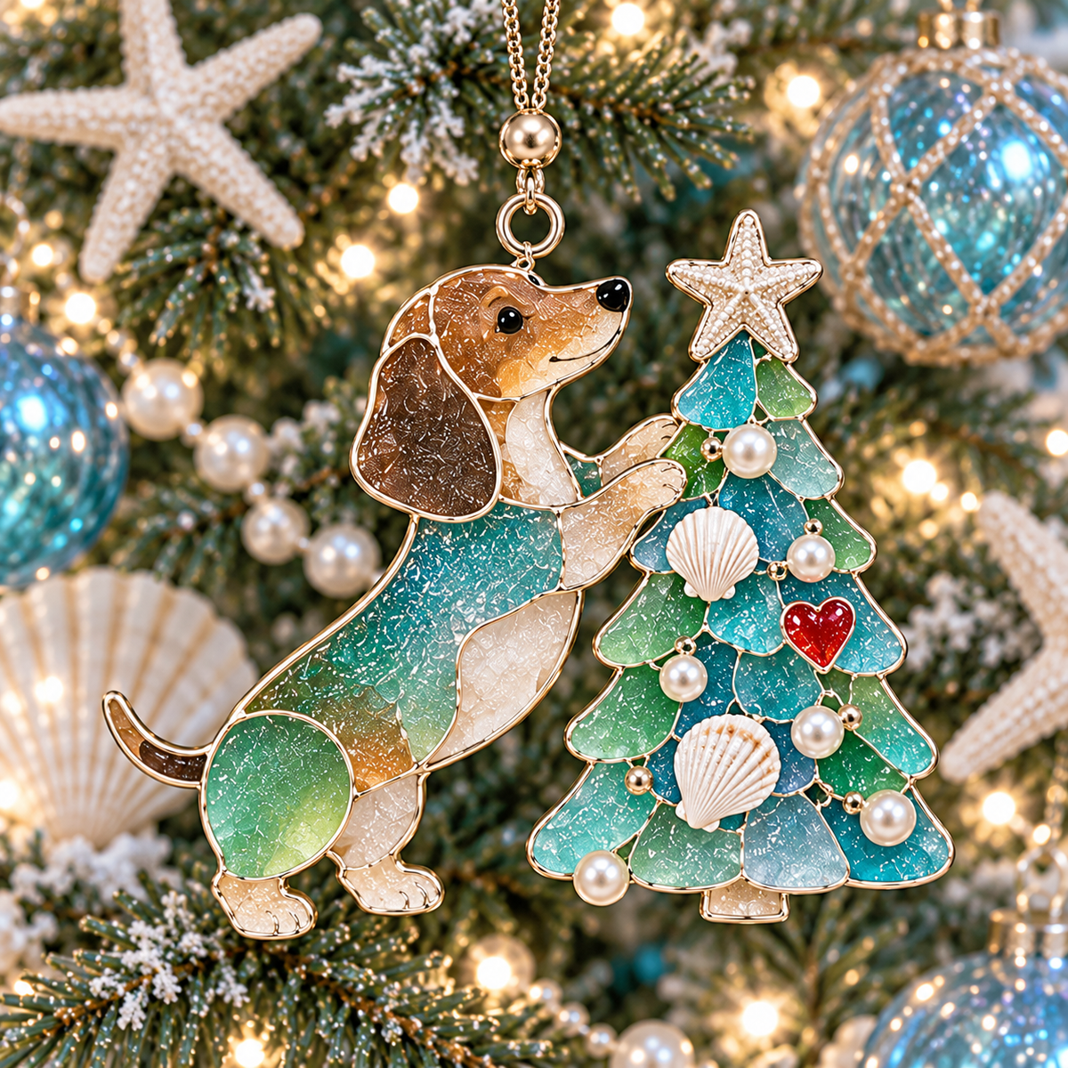 Coastal Christmas Dachshund Ornament Set – 6-Piece Stained Glass-Inspired Sea Glass Dog Christmas Tree Decorations, Gift for Dachshund Lovers