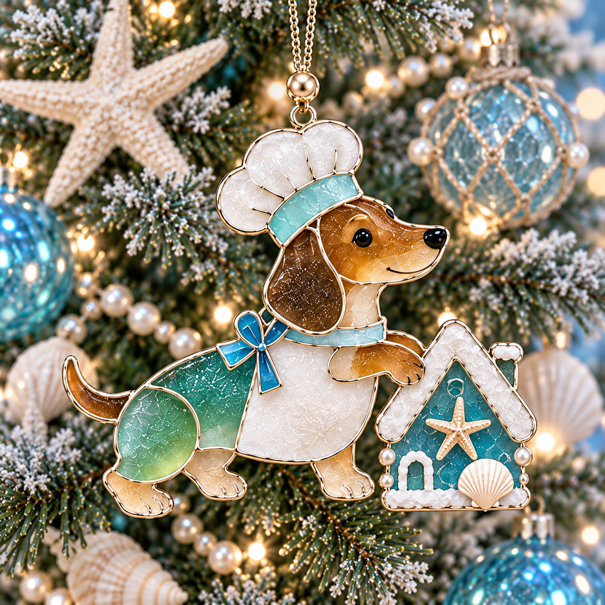 Coastal Christmas Dachshund Ornament Set – 6-Piece Stained Glass-Inspired Sea Glass Dog Christmas Tree Decorations, Gift for Dachshund Lovers