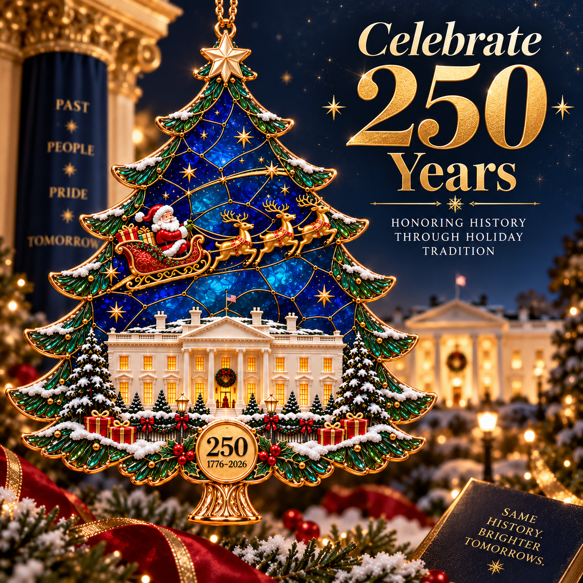 2026 250th Anniversary Stained Glass Christmas Tree Ornament – Santa Sleigh & White House Commemorative Holiday Keepsake, 1776–2026