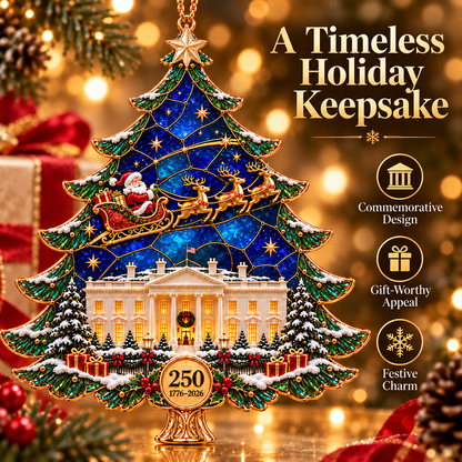 2026 250th Anniversary Stained Glass Christmas Tree Ornament – Santa Sleigh & White House Commemorative Holiday Keepsake, 1776–2026
