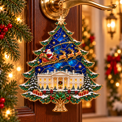 2026 250th Anniversary Stained Glass Christmas Tree Ornament – Santa Sleigh & White House Commemorative Holiday Keepsake, 1776–2026