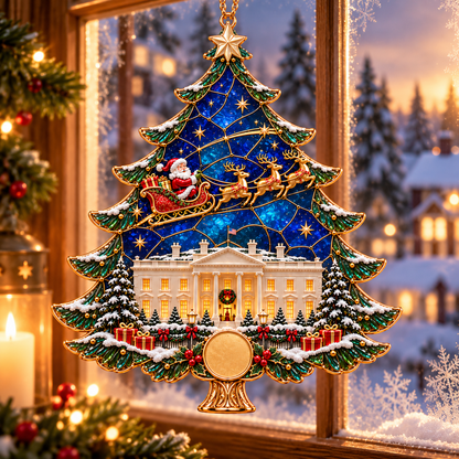 2026 250th Anniversary Stained Glass Christmas Tree Ornament – Santa Sleigh & White House Commemorative Holiday Keepsake, 1776–2026