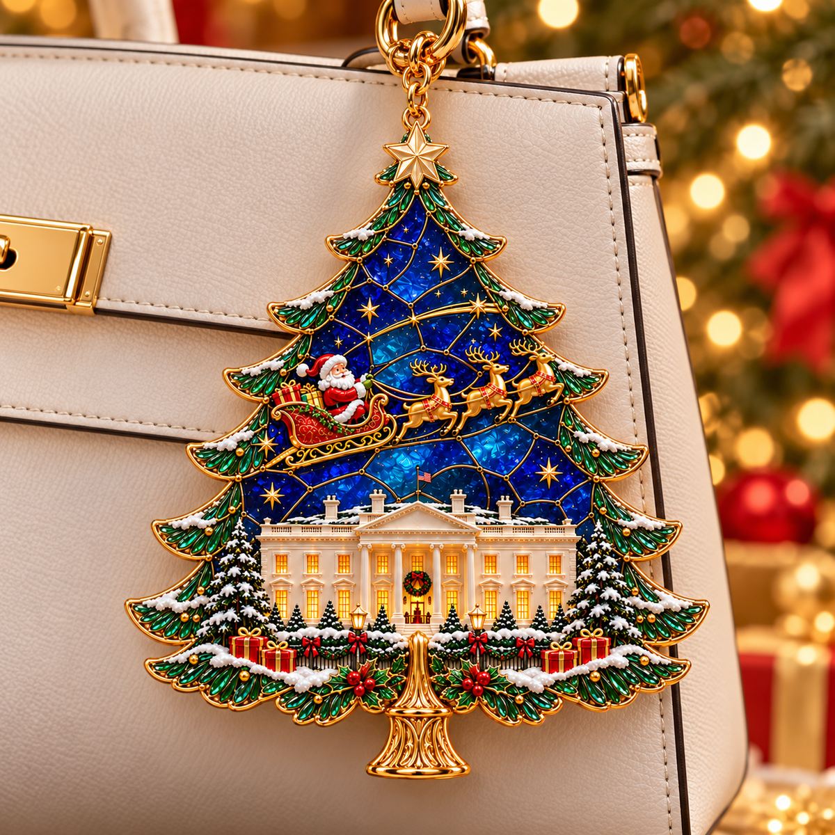 2026 250th Anniversary Stained Glass Christmas Tree Ornament – Santa Sleigh & White House Commemorative Holiday Keepsake, 1776–2026
