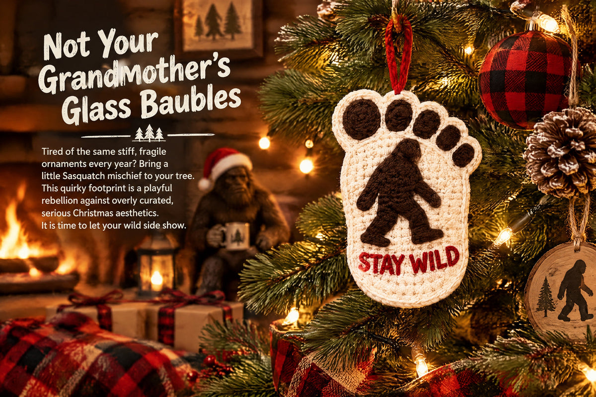 Bigfoot Stay Wild yarn ornament hanging from a warm cabin Christmas tree