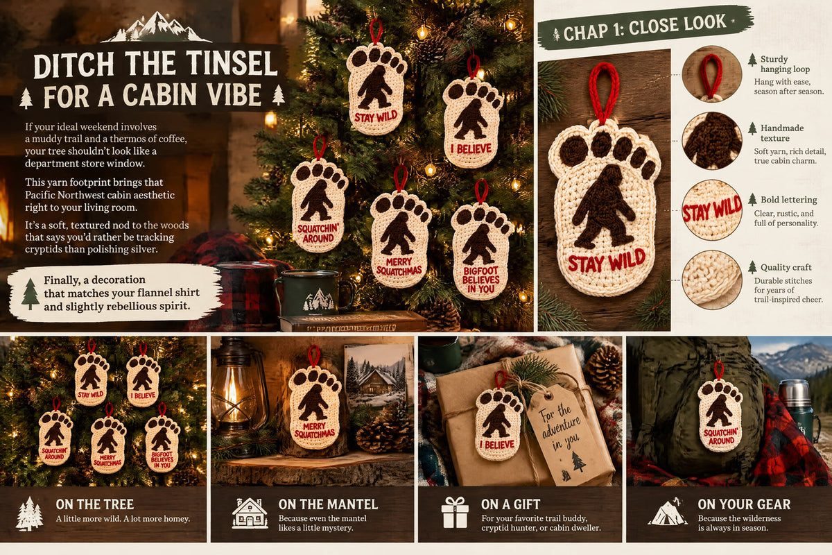 Bigfoot footprint ornaments styled on Christmas trees, holiday gifts and rustic cabin decorations
