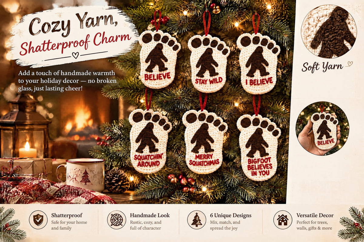 Close-up texture and all six soft yarn Bigfoot Christmas footprint ornaments