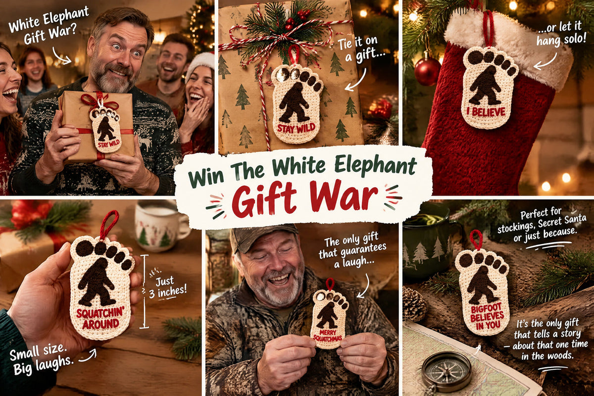 Bigfoot ornaments decorating wrapped gifts and stockings at a Christmas white elephant party